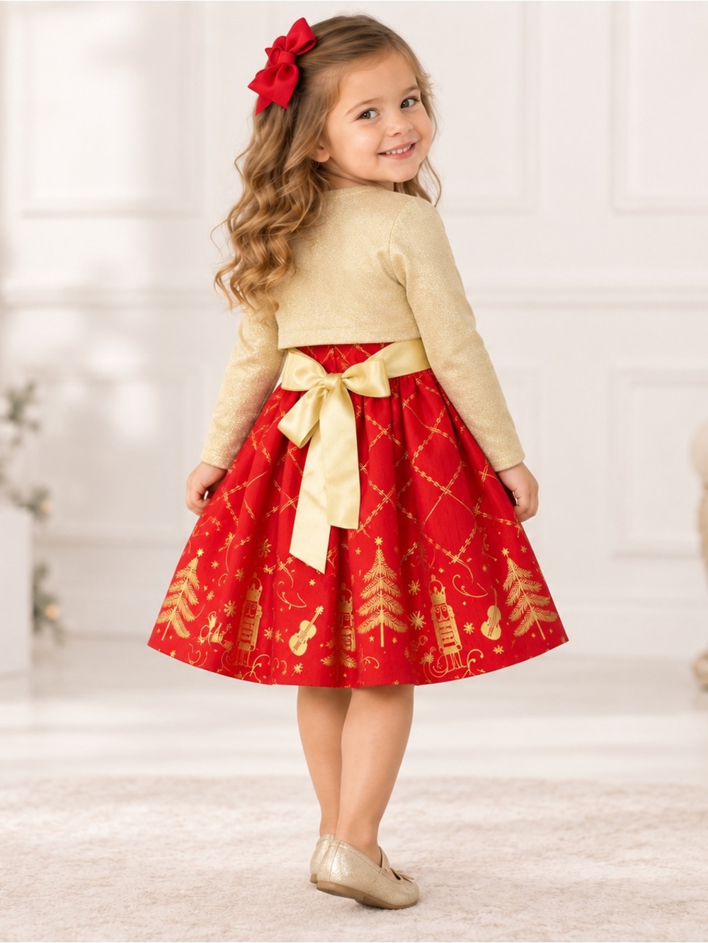 Bonnie Jean Girls 3T Red Gold Holiday Dress Set w/ Bolero & Red Bow